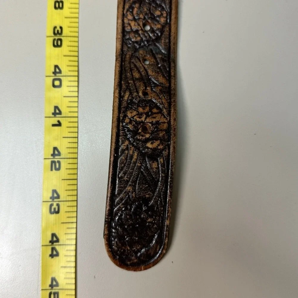 Vintage Hand Tooled Leather Belt Brown Western Floral Pineapple Size 36 Brass